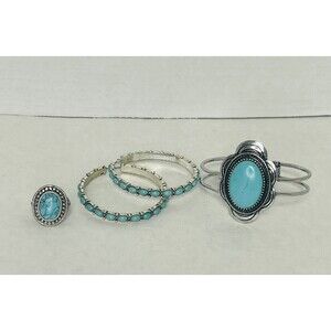 Unbranded Silver Turquoise Large Costume Ring Sz 6 Bangle Earrings Western